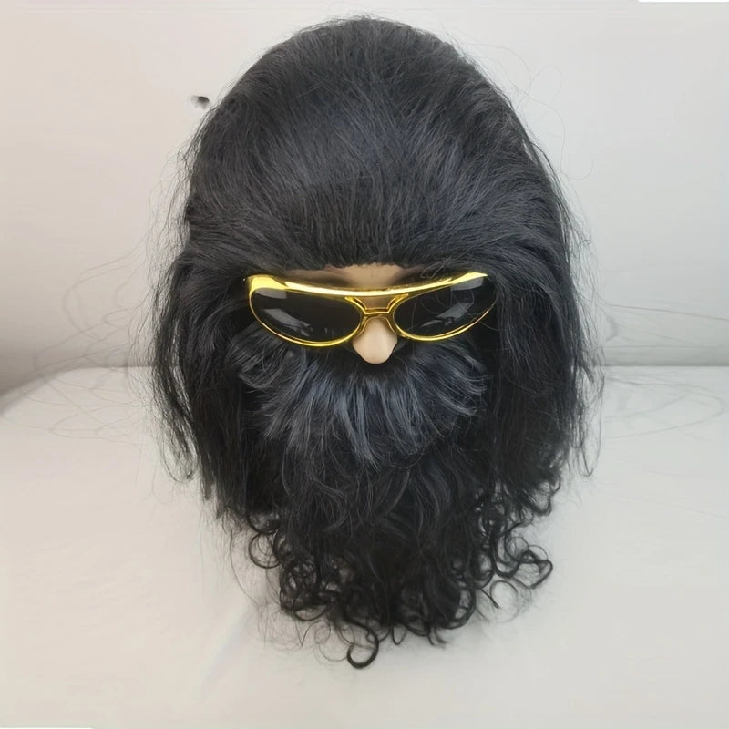 Perruque Longue Noire avec Barbe et Moustache – Déguisement Homme Viking, Rocker ou Père Noël Mystérieux
