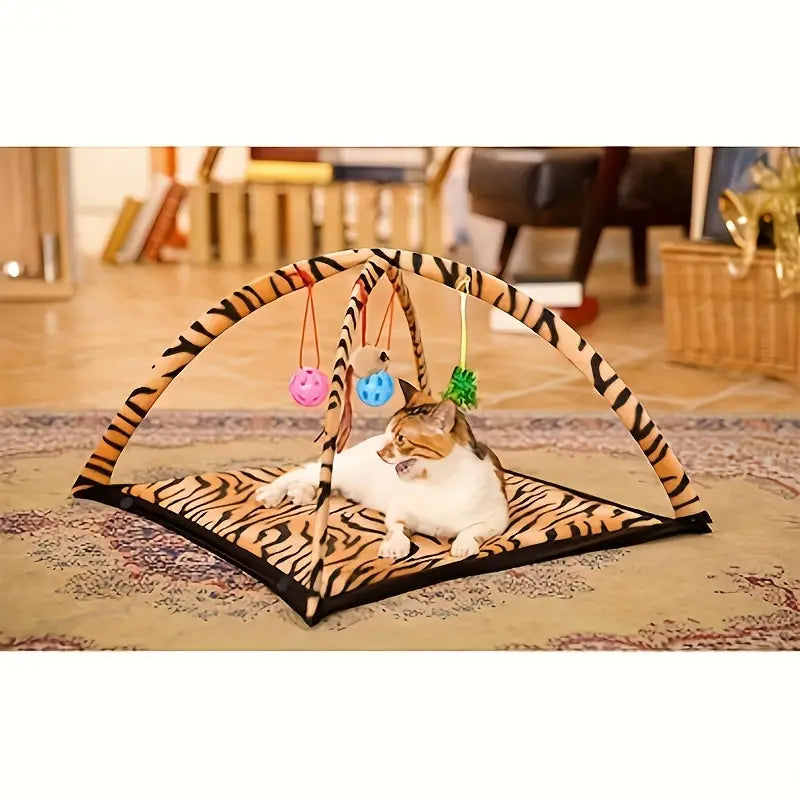 Tapis de Jeu pour Chat avec Arches et Jouets Suspendus – Aire d’Éveil Tigrée pour Divertissement et Repos