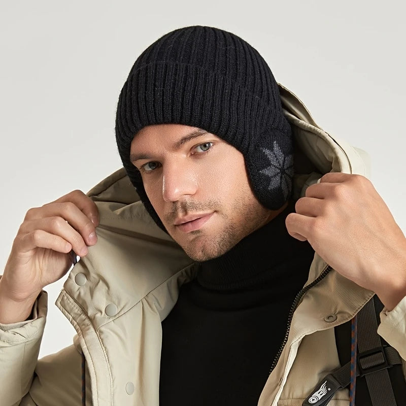 Bonnet d’Hiver Homme avec Cache-Oreilles Intégrés – Tricot Épais Doublé Polaire, Ultra Chaud & Coupe-Vent