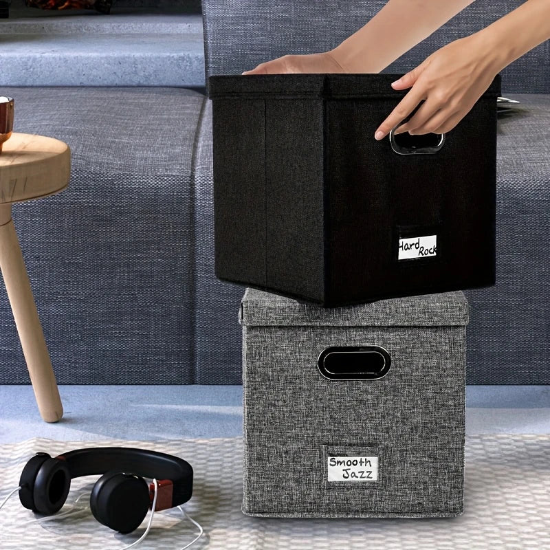 Boîte de Rangement Tissu pour CD et Vinyles – Coffre Pliable avec Poignées & Étiquette