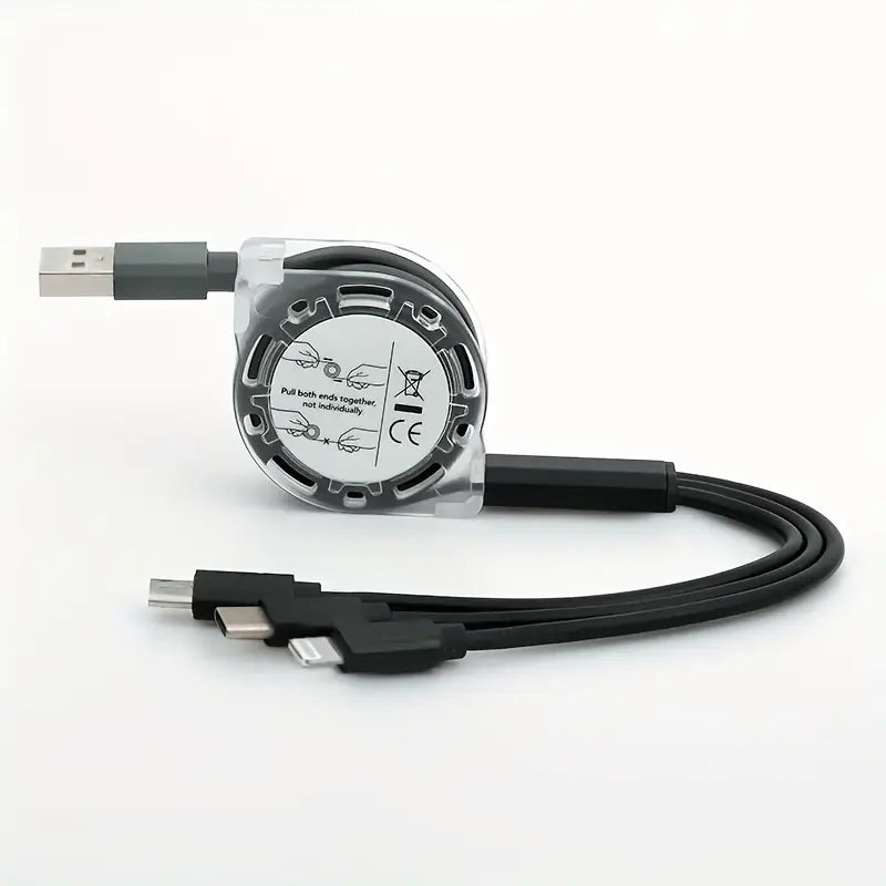 Câble 3-en-1 Rétractable Rose – USB vers Lightning, Type-C et Micro USB – Charge Rapide et Compact pour Tous Appareils