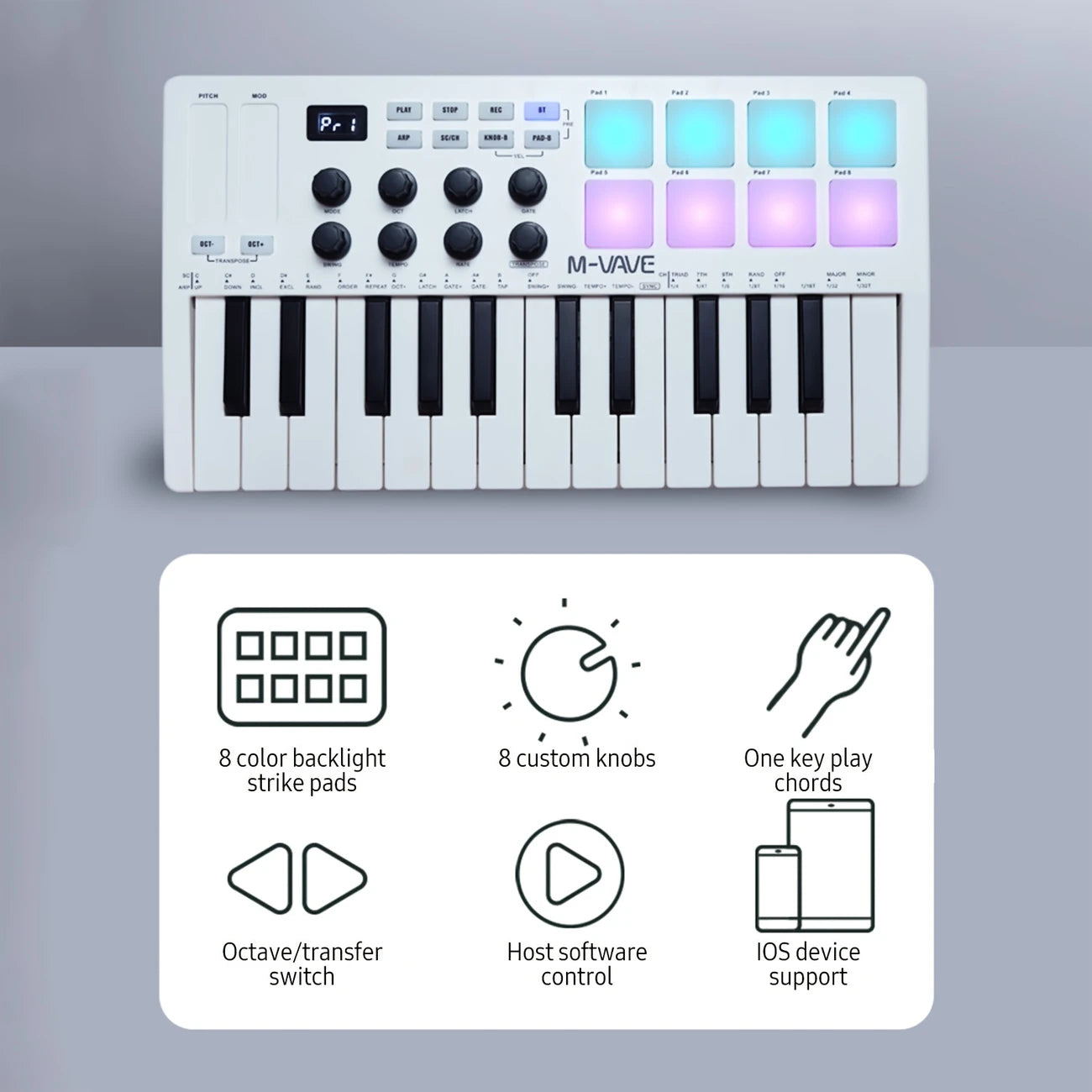 Clavier MIDI 25 touches avec pads rétroéclairés – Contrôleur USB compact pour production musicale