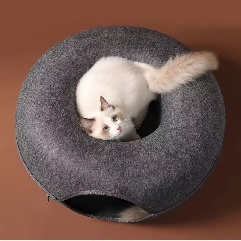 Lit Donut Double Entrée pour Chat – Maison Fermée en Feutre avec Coussin Douillet Intégré
