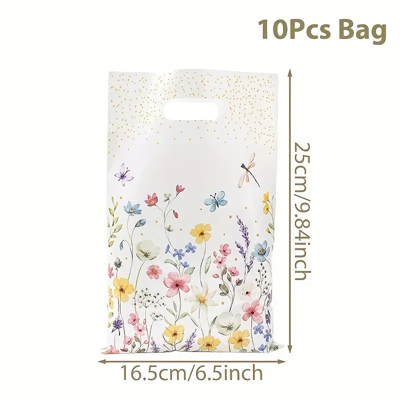 Sachets Cadeaux Fleuris avec Poignée – Lot de 10 Sacs en Plastique 25x16,5 cm pour Mariage, Anniversaire ou Fête