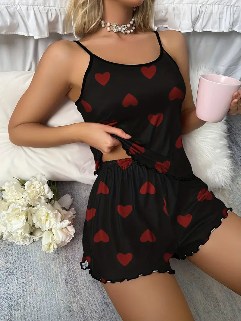 Pyjama Femme Été Débardeur & Short – Ensemble Léger Imprimé Cœurs, Lingerie de Nuit Douce & Féminine