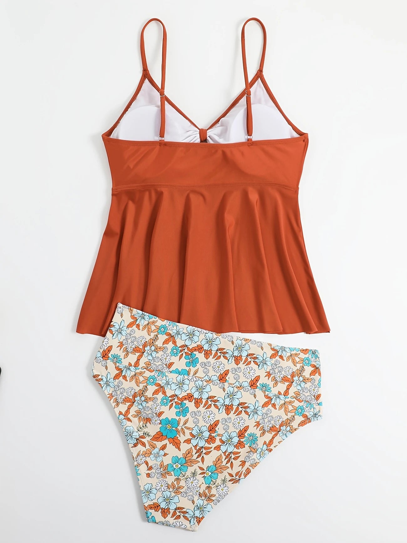 Bikini tankini à volants – Haut à bretelles corail et culotte taille haute à fleurs