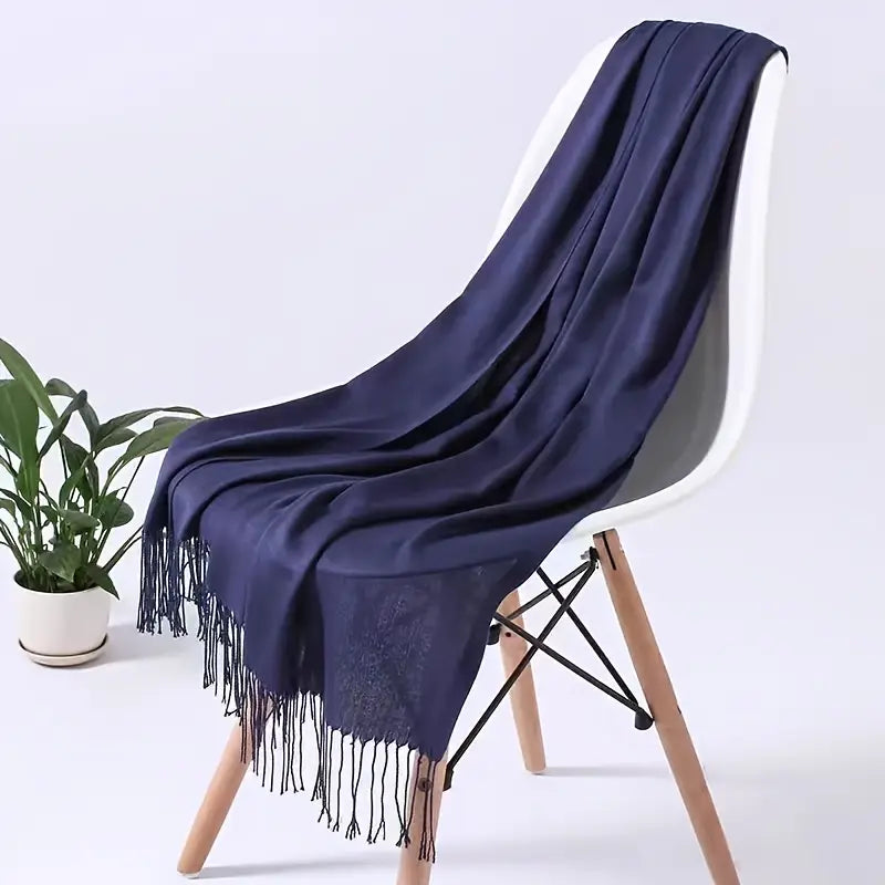 Châle femme en pashmina bleu marine – Écharpe élégante avec franges pour toutes saisons