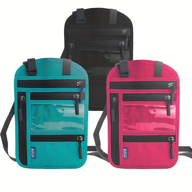 Porte-passeport tour de cou antivol gris  Pochette de voyage RFID avec multiples compartiments zippés