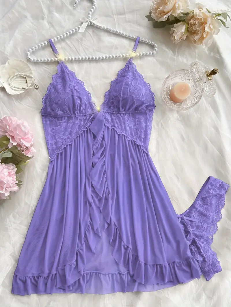 Nuisette Femme Dentelle et Volants – Sous-vêtements et Pyjamas Sexy & Élégants avec String Assorti