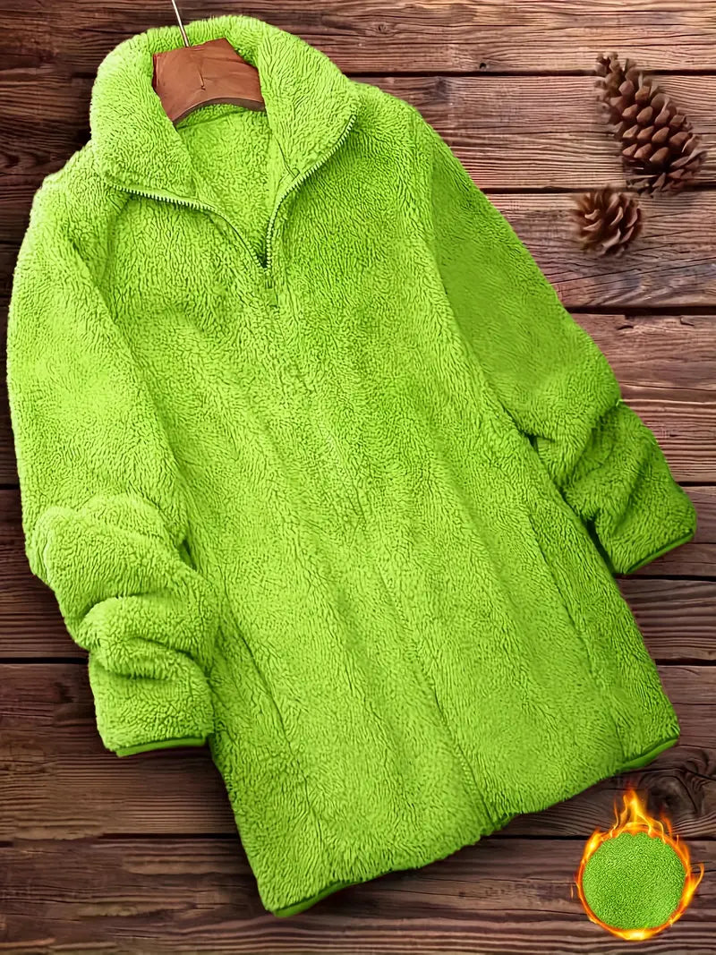 Veste Polaire Femme Hiver à Zip – Molleton Chaud Effet Mouton Vert Fluo, Douce et Confortable