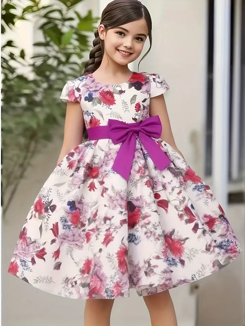 Robe fille élégante à fleurs multicolores – Robe de cérémonie avec grand nœud violet