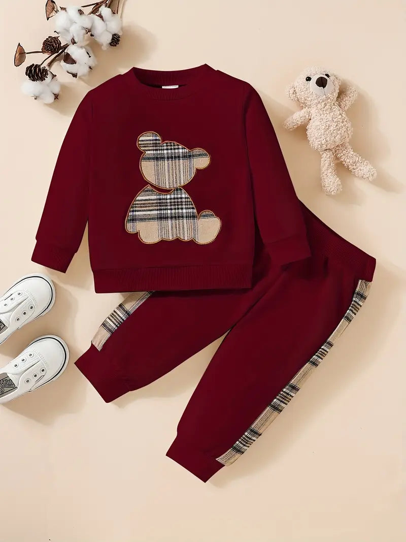 Ensemble fille 2 pièces bordeaux – Sweat à motif ourson et pantalon assorti