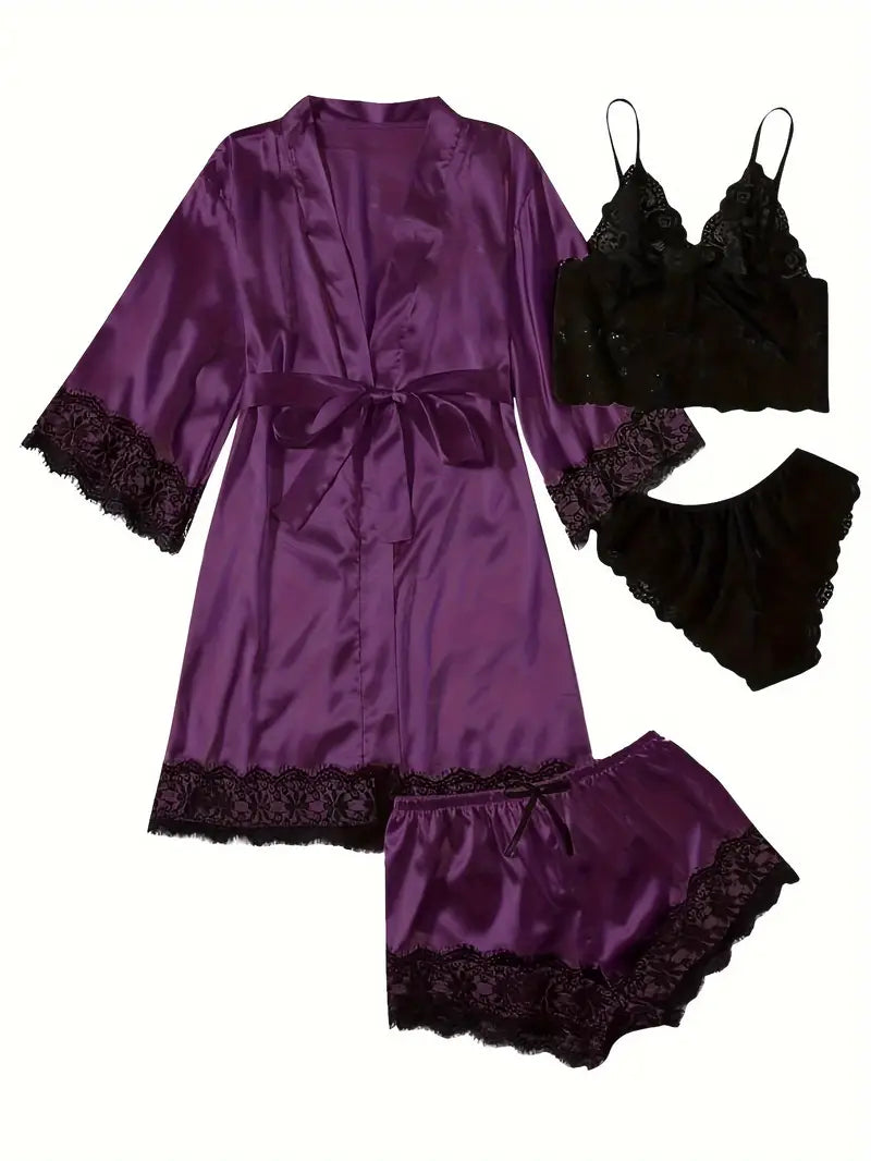 Ensemble Lingerie Femme Satin et Dentelle – Sous-vêtements et Pyjamas 4 Pièces avec Kimono, Débardeur, Short et String