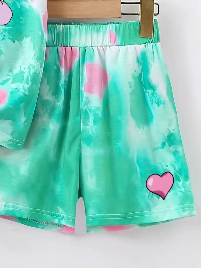 Chemise fille tie and dye vert et rose avec imprimé cœur – style tendance et coloré