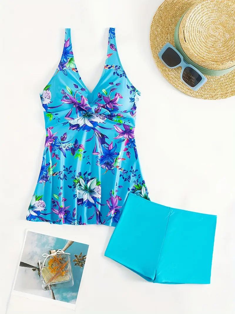 Tankini femme floral avec short intégré – Confort et style pour toutes vos baignades