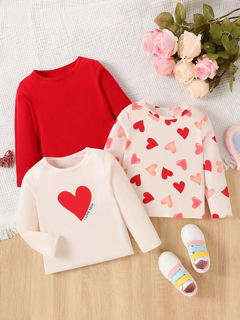 Lot de 3 hauts bébé fille manches longues – motifs cœurs et unis pour toutes saisons