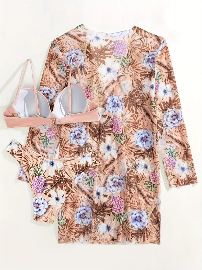 Ensemble Bikini 3 Pièces Floral – Soutien-Gorge Twist, Bas Taille Haute & Kimono Tropical