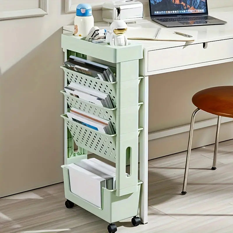 Chariot de rangement étroit à roulettes – Organisateur vertical en plastique rose pour dossiers, livres et fournitures de bureau