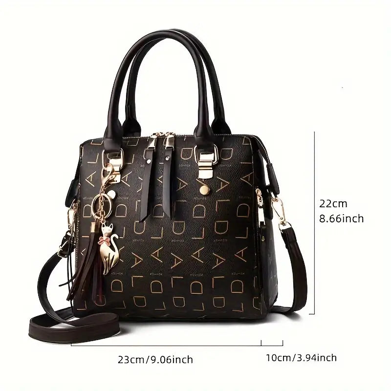 Sac Porté Épaule Femme Noir avec Motifs Dorés et Breloque Chat – Élégant et Tendance