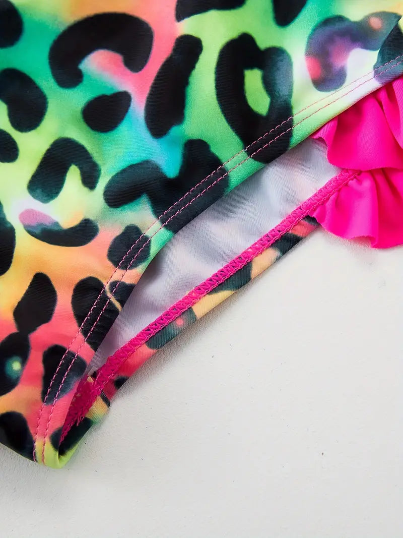 Maillot de bain fille deux pièces sirène – Bikini écailles multicolores avec volants roses