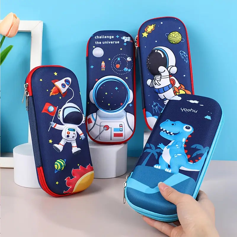 Trousse Scolaire Rigide Enfant Motif Astronaute et Dinosaure – Étui Crayons et Stylos