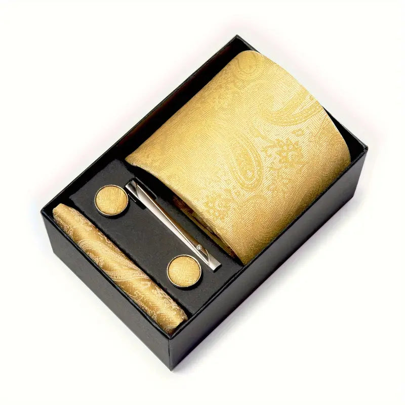 Coffret cravate homme bleu à motifs paisley – Pochette, boutons de manchette et pince assortis