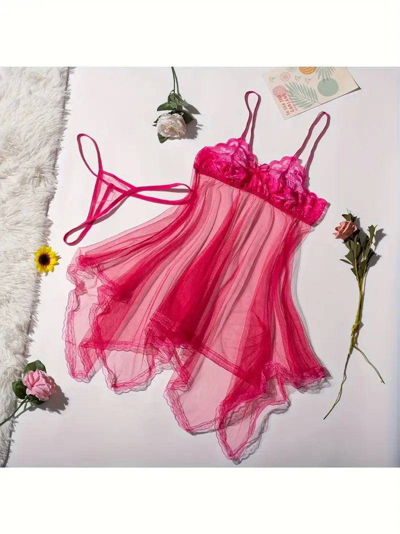 Nuisette Transparente Femme Dentelle Noire – Sous-vêtements et Pyjamas Sexy avec String Assorti