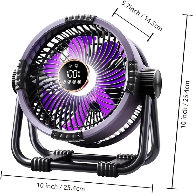 Ventilateur portable rechargeable 10 pouces – écran LED, vitesse réglable et lumière intégrée
