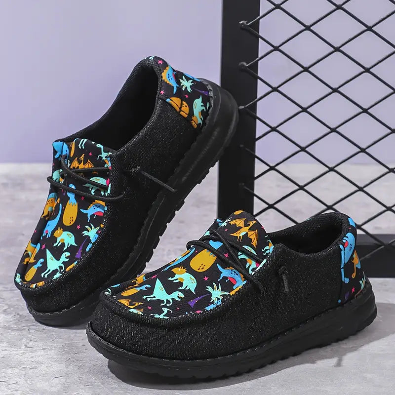 Mocassins garçon noirs imprimé dinosaures colorés – Chaussures sans lacets confortables et légères