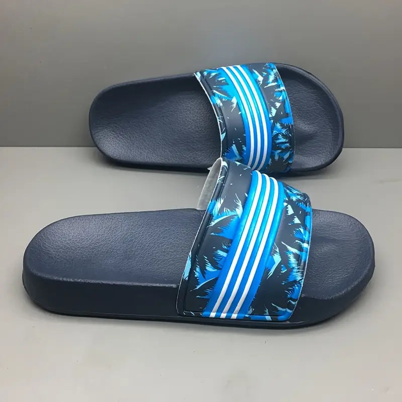 Sandales et pantoufles garçon – Claquettes de plage bleu marine avec imprimé palmiers et bandes blanches