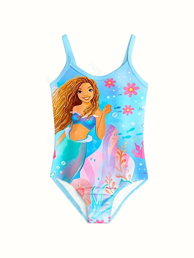 Maillot de bain fille une pièce motif sirène princesse – Bleu océan avec bretelles fines