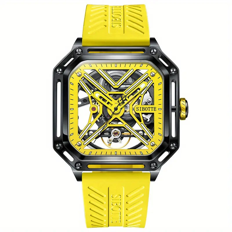 Montre homme squelette automatique – Design carré sport en acier inoxydable et bracelet silicone bleu