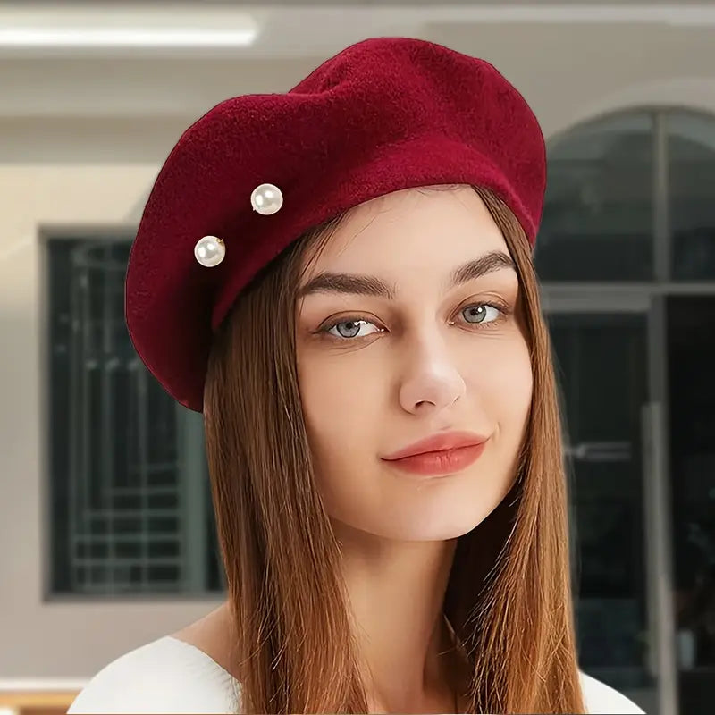 Béret femme noir en laine avec perles élégantes – Accessoire chic et intemporel
