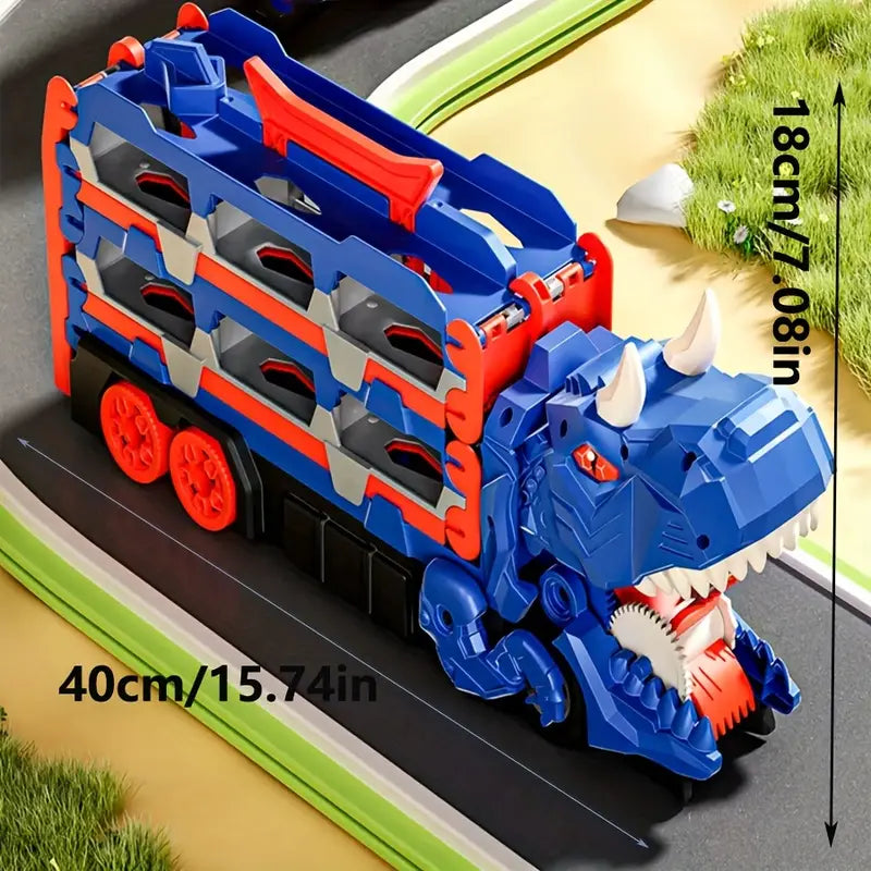 Camion transporteur dinosaure avec 12 voitures miniatures – Jouet véhicule enfant avec rampes de course et rangement