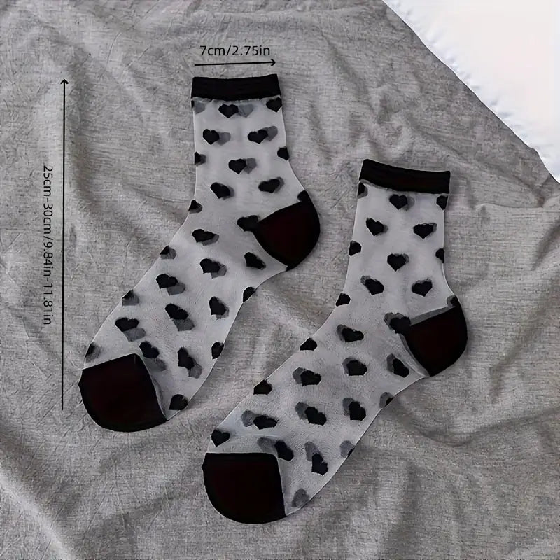 Lot de 4 Paires de Chaussettes Transparentes Motifs Cœurs et Rayures – Élégantes & Respirantes pour Femme