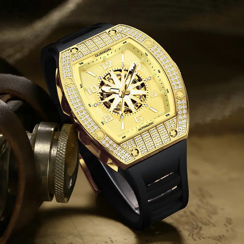 Montre homme automatique squelette – Mouvement mécanique apparent avec boîtier doré