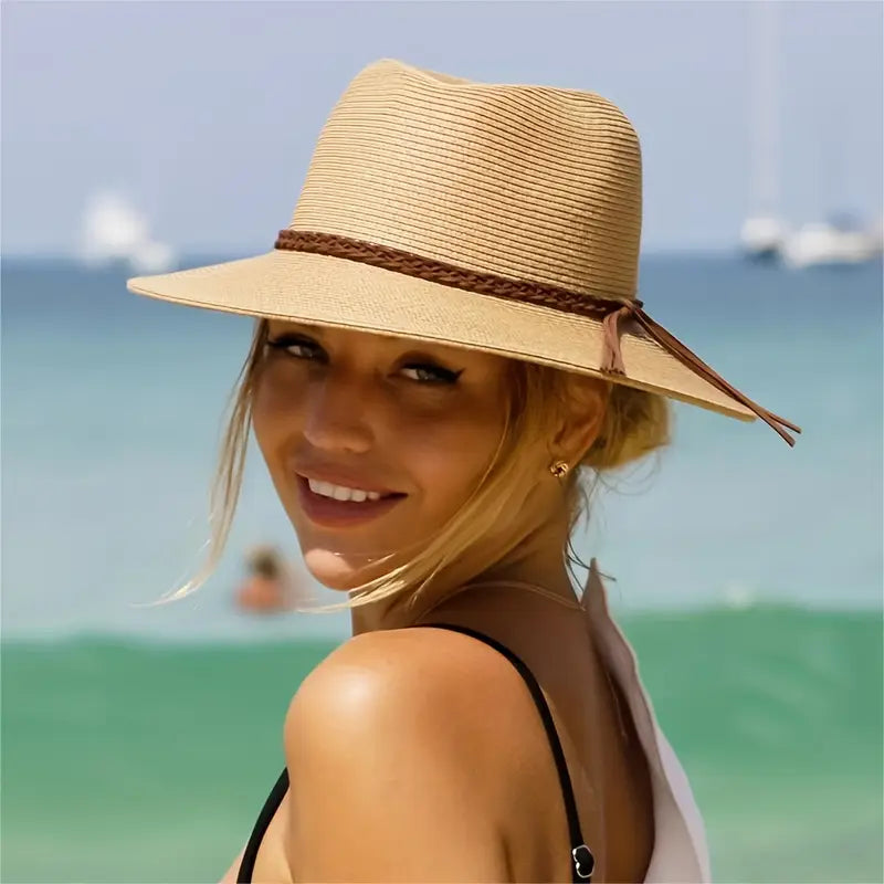 Chapeau femme été noir à large bord – Protection solaire élégante avec bande tressée