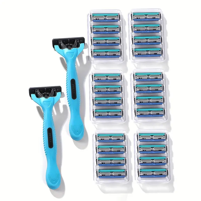 Lot de 2 Rasoirs Homme avec 20 Recharges – Rasage Précis à 3 Lames, Têtes Remplaçables pour Peau Douce & Confort Quotidien