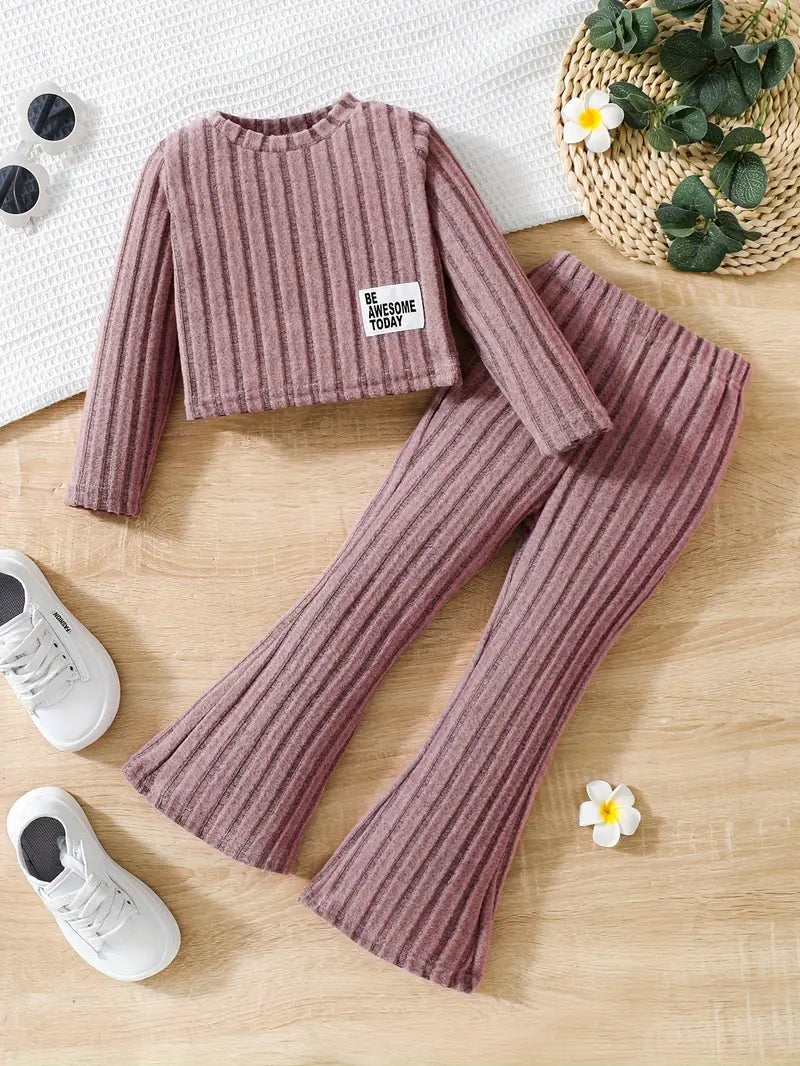 Ensemble fille 2 pièces côtelé mauve – Haut manches longues et pantalon évasé