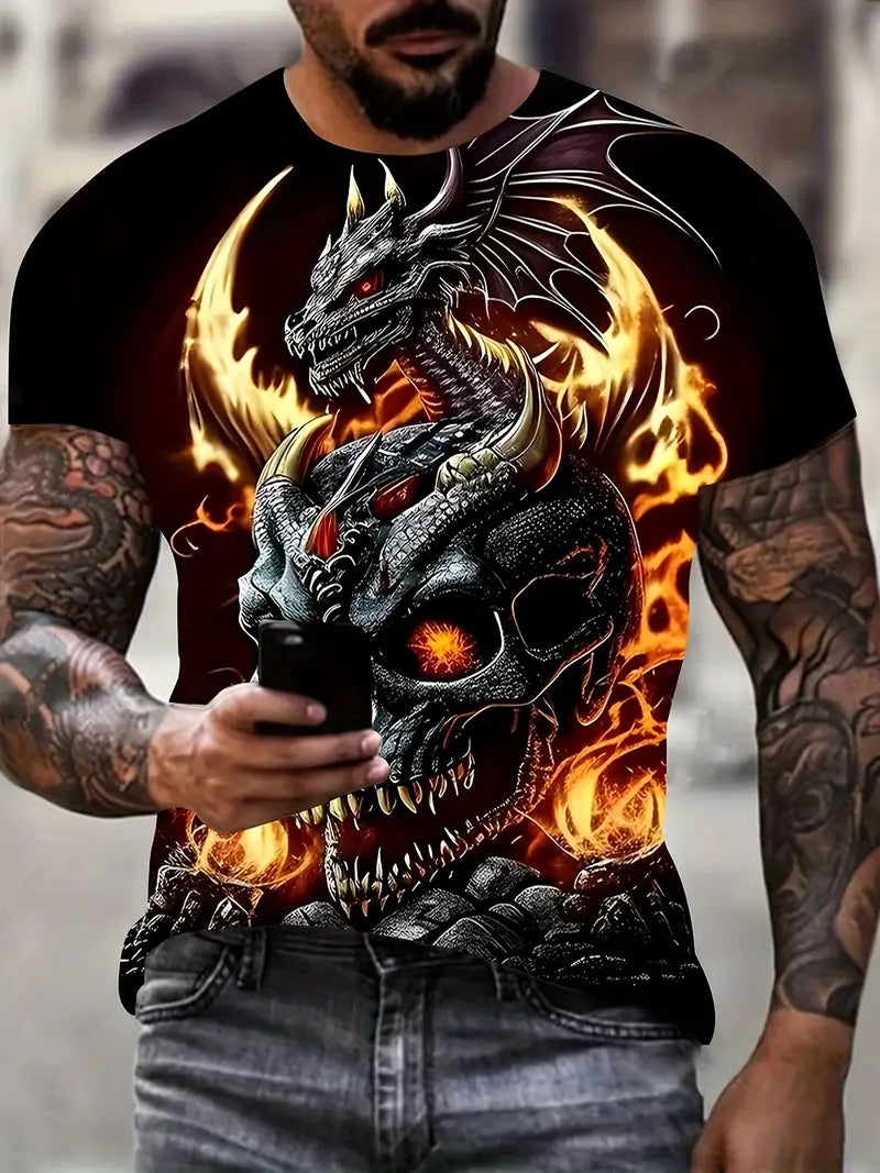 T-shirt fantaisie homme noir – Haut gothique dragon enflammé et crâne 3D réaliste