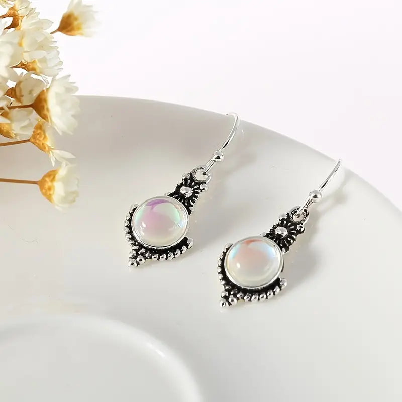 Boucles d’oreilles pendantes femme argent antique avec pierre de lune – Bijoux bohème chic