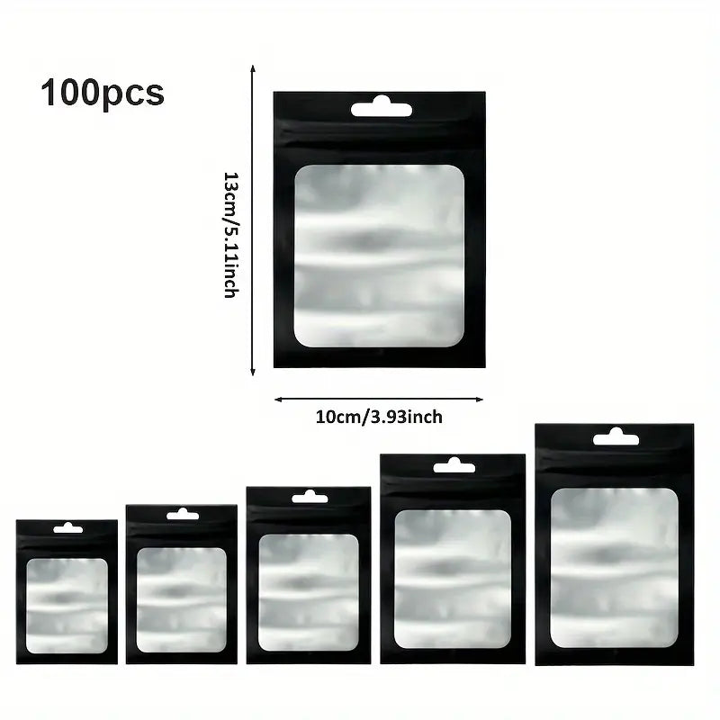 Lot de 100 Sacs Zip Transparente avec Fenêtre – Sachets Refermables Noir Mat 20x30cm pour Emballage et Expédition