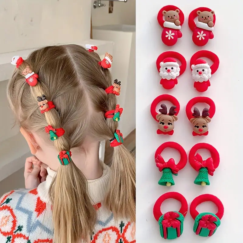 Lot d’Élastiques Cheveux Enfant Motifs de Noël – Accessoires Festifs Père Noël, Pingouin et Ourson