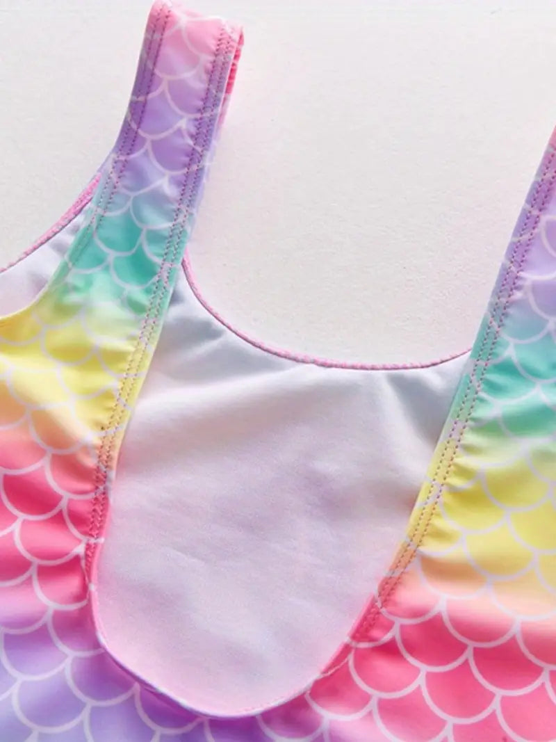 Maillot de bain fille deux pièces sirène – Bikini écailles multicolores avec volants roses