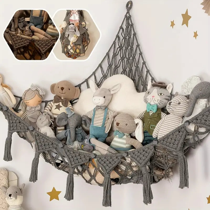 Filet de rangement mural en macramé – Décoration chambre bébé bohème pour peluches et jouets