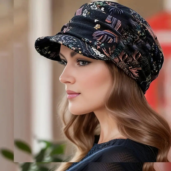 Chapeau turban femme élégant imprimé floral, coloris Noir