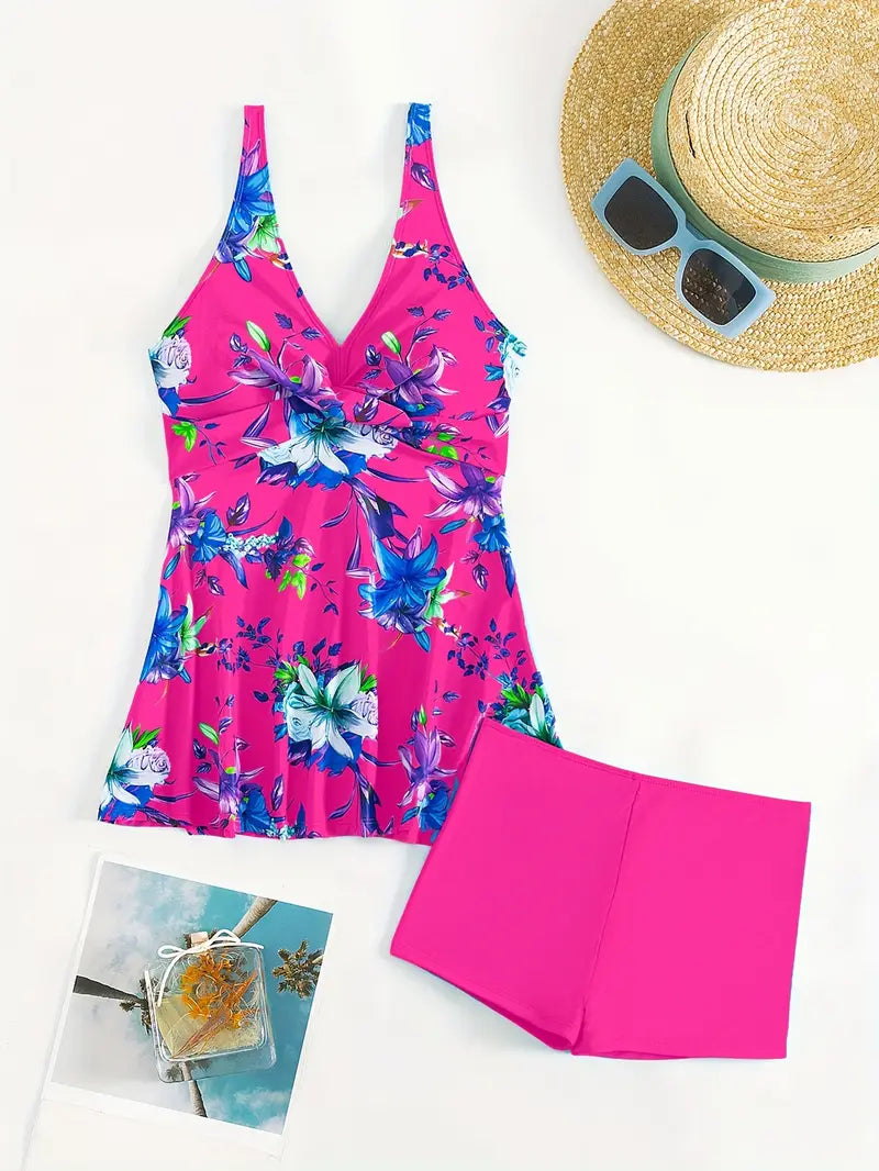 Tankini femme floral avec short intégré – Confort et style pour toutes vos baignades