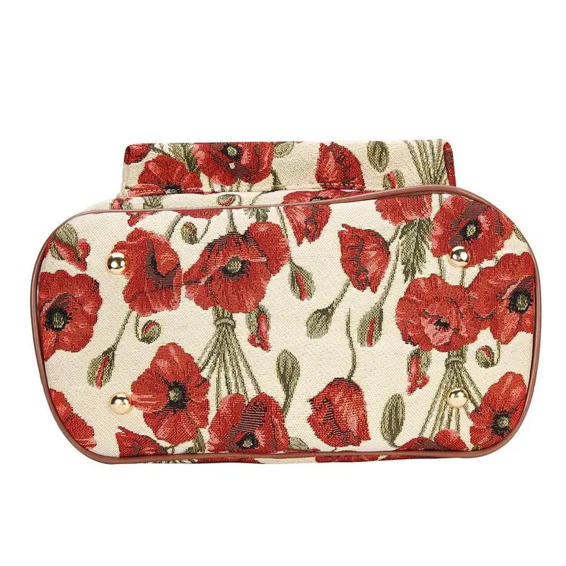 Sac à dos femme motif fleuri vintage – Tissu brodé avec coquelicots rouges et détails en cuir