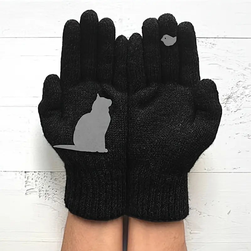Gants femme en laine beige – Gants tricotés hiver avec motif chat noir, chauds et confortables