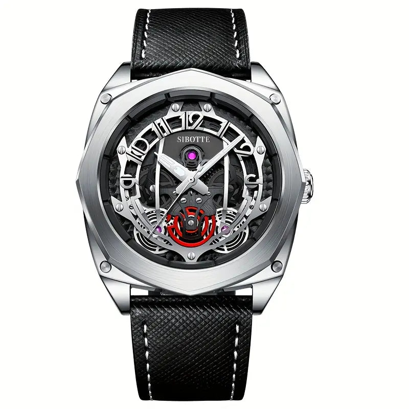 Montre homme automatique squelette – Design mécanique noir et or rose avec bracelet cuir